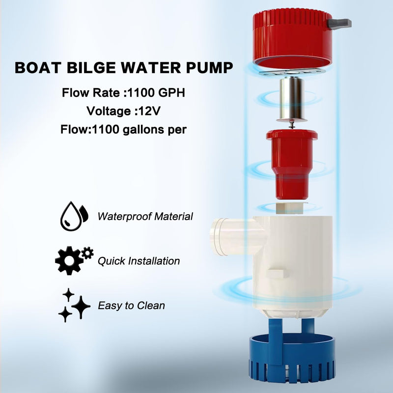 1100GPH 12V Boat Bilge Water Pump, 1-1/8" 6FT Kink-Resistant Bilge Pump Hose, ABS Thru-Hull Fitting, 2PCS Stainless Steel Clamps for Boat Marine Bilge Pump Kit