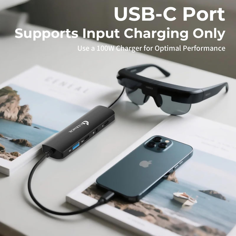 Guermok 5-in-1 USB-C to AR Glasses Adapter, 100W PD Fast Charging, 8K@60Hz Video, USB/USB-C Ports – Works with AR Glasses Devices, Handheld Consoles, Switch, USBC Phones and Laptops, Black
