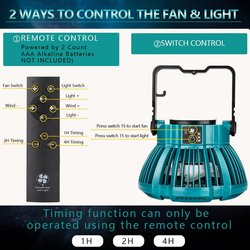 Fan for Makita 14.4V-18V Li-Ion Battery, Portable Camping Fan with Remote, 3 Speed Brightness, 4H Timer, Foldable Hook Rechargeable Cordless Jobsite Small Personal Fan
