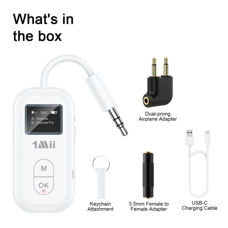 1Mii SafeFly Pro Airplane Bluetooth Adapter for AirPods Wireless Headphones | 3.5mm AUX Bluetooth Transmitter Receiver with Screen, Dual Link for Travel Flight, TV, Gym, Car/Home Stereo, 25H Battery White