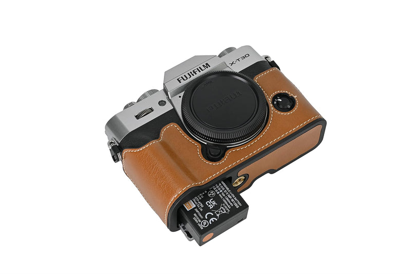 X-T30 Case, BMAOLLONGB Handmade PU Leather Half Camera Case Bag Cover Bottom Opening Version for Fujifilm X-T30 XT30 with Neck Strap Mini Storage Bag (Brown) Brown