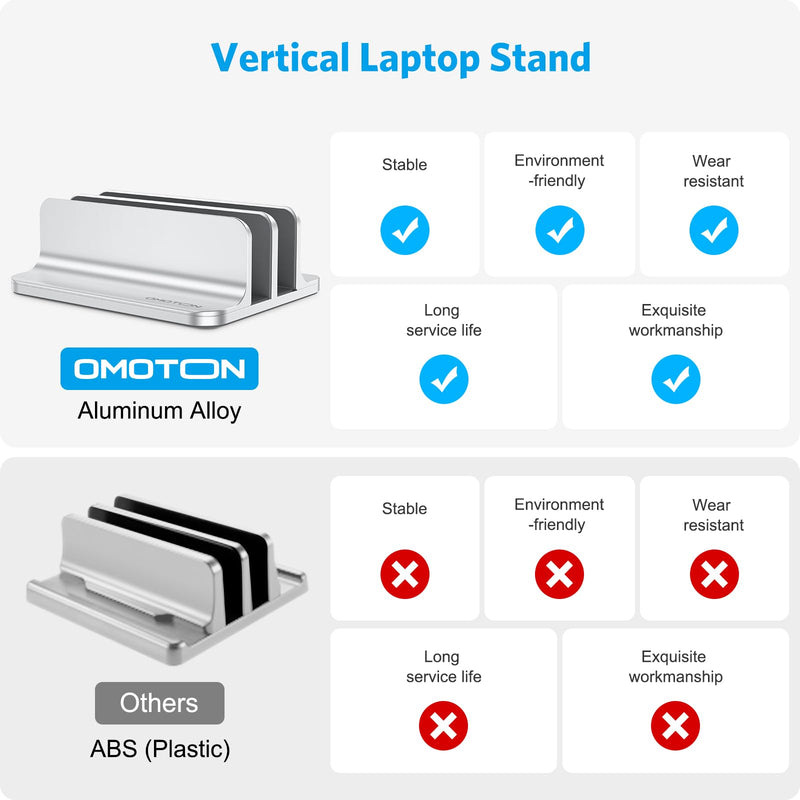 OMOTON Vertical Laptop Stand [Updated Double Version], Desktop Aluminum Mac Book Stand with Adjustable Dock Size, Fits All Mac Book, Surface, Chrome Book and Gaming Laptops (Up to 17.3 inch) (Silver) Silver