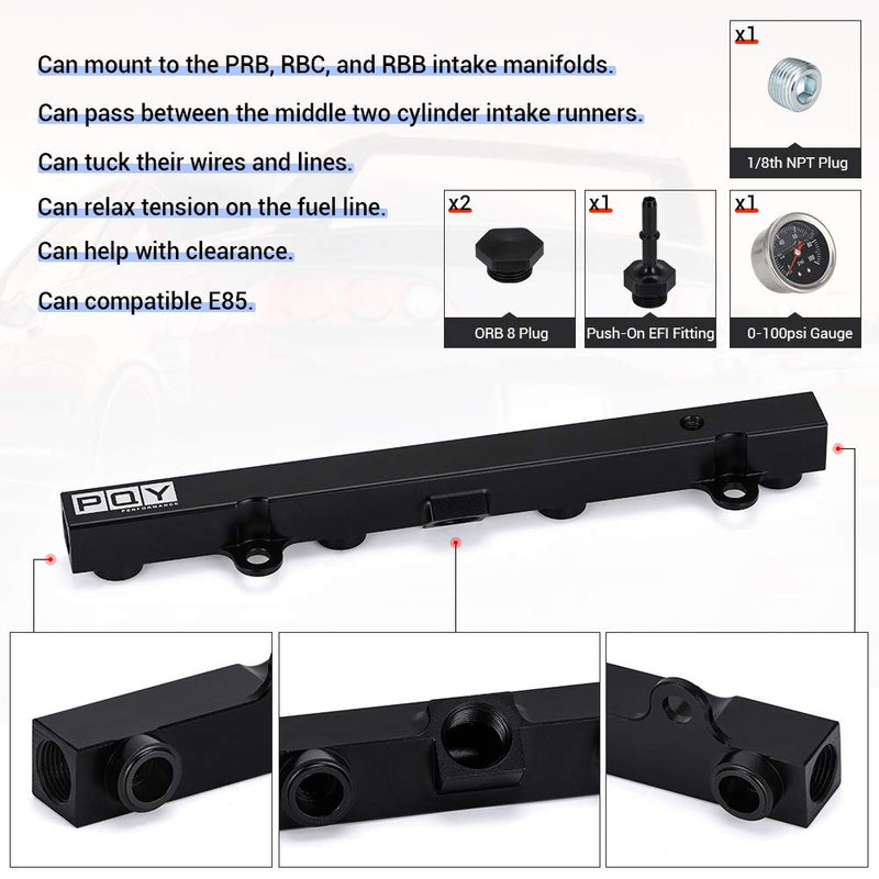 Black Aluminum Fuel Rail with Oil Gauge Kit Compatible with Honda Civic Acura RSX K20 K24 Engines