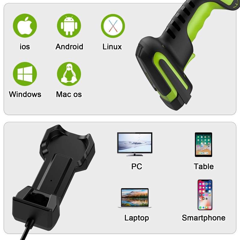 Industrial 433Mhz Wireless Barcode Scanner with Charging Cradle,IP65 Drop-Proof 2-in-1 Bluetooth and 433Mhz Barcode Reader for Laptop Desktop Tablet Android iOS,ipad LB