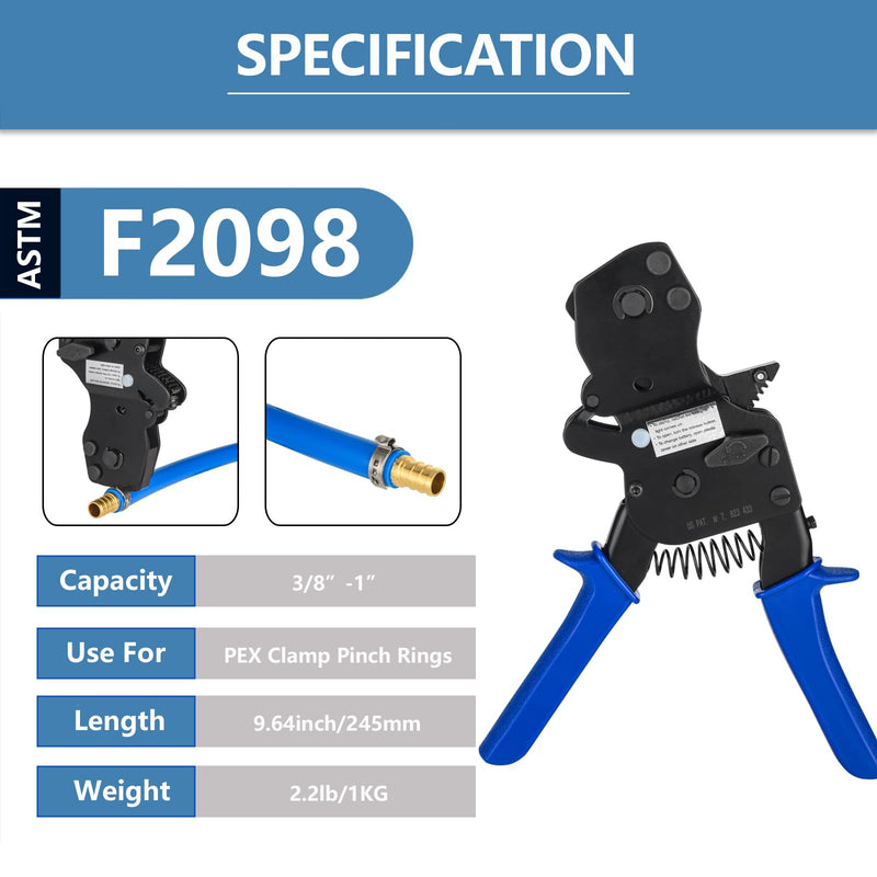 PEX Ratchet Cinch Clamp Tool for Stainless Steel Clamp Rings, One-Hand Ratchet Design Crimper Tool from 3/8", 1/2", 3/4", 5/8" and 1", ASTM2098