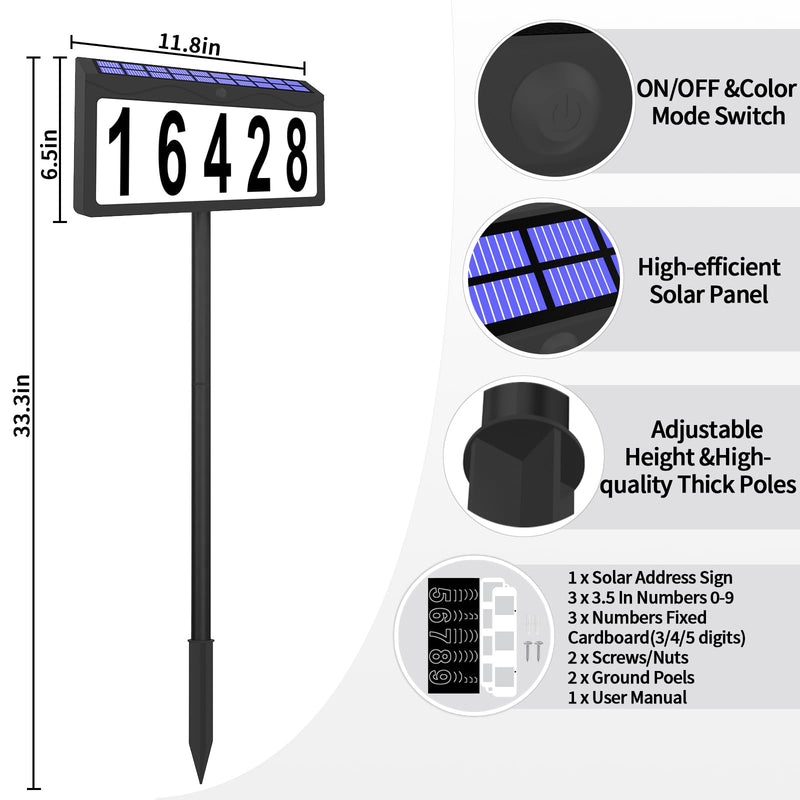 Solar Lighted House Number Waterproof, 8 Lighting Modes RGBW Color Changing, Illuminated Address Sign, Address Plaque for Yard Mailbox Home Office Street Outside