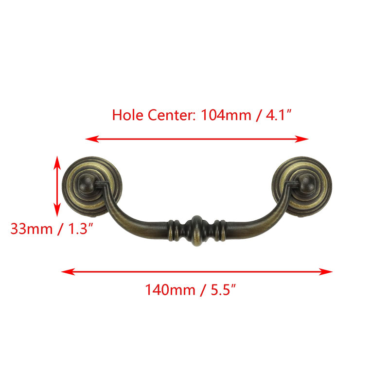 Quluxe 4.2" Hole Center Shabby Chic Drawer Pulls Handles Antique Bronze Kitchen Cabinet Drop Bail Pulls Handles- Bronze (Pack of 6)