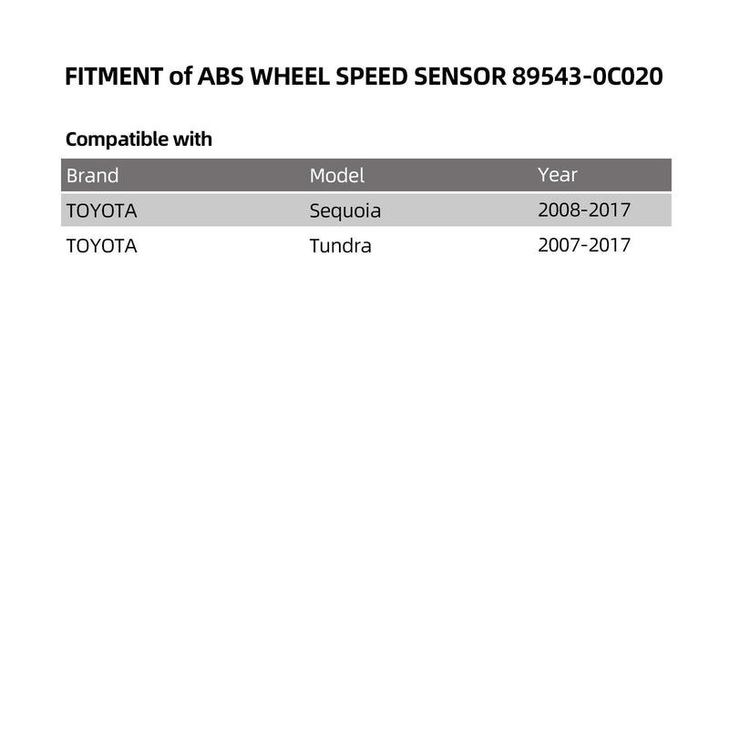 ABS Wheel Speed Sensor Front Left 89543-0C020 ALS1791 5S8686 SU10148 Compatible with Toyota Sequoia 2008-2017 Tundra 2007 2008 2009 2010 2011 2012 2013 2014 2015 2016 2017 Front Left/ Rear Left