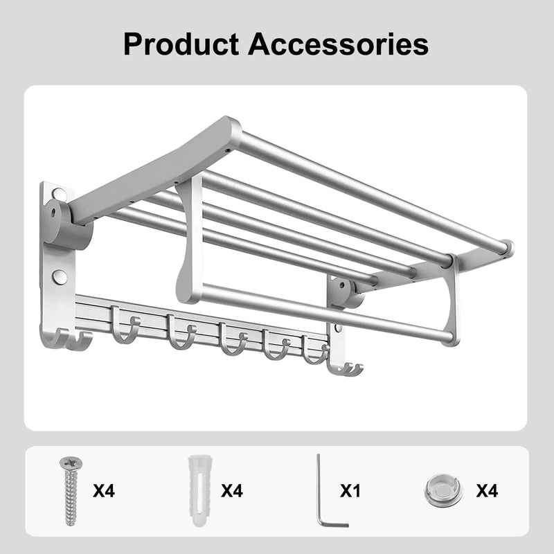 Jahof Fodable Towel Rack 24 inch, Wall Mounted Towel Bar with Hooks, Space Aluminum Towel Holder for Bathroom, Lavatory (60cm, Silvery)