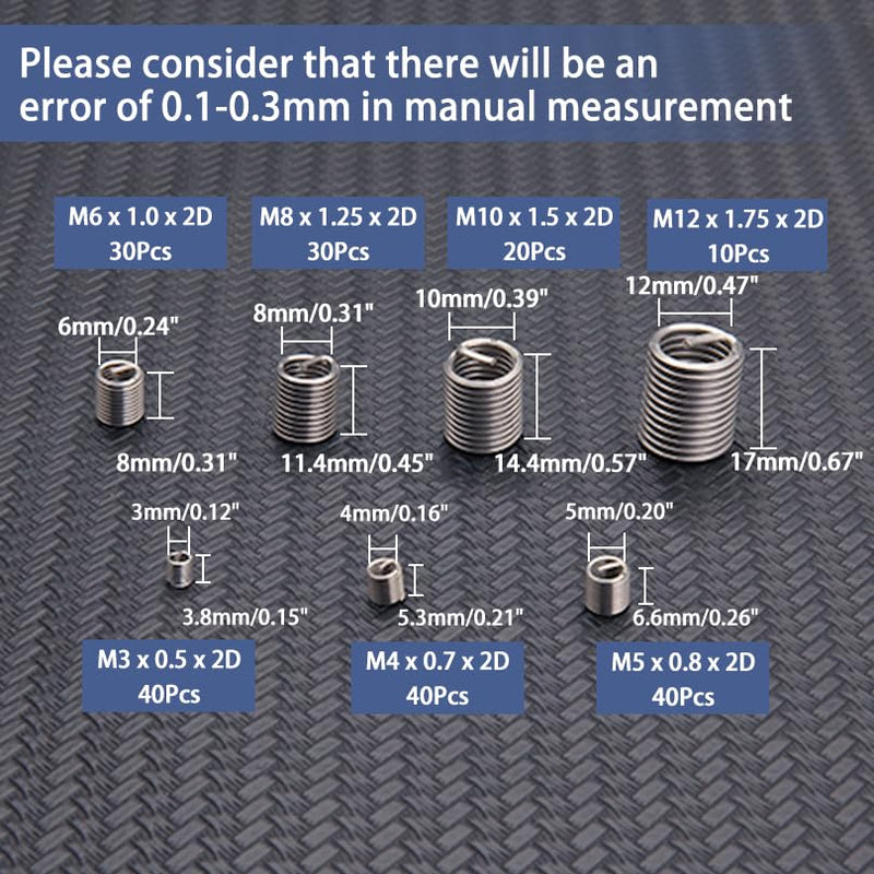 210 Pcs Wire Thread Inserts Kit, Metric Helical Type Coiled Wire 210pcs