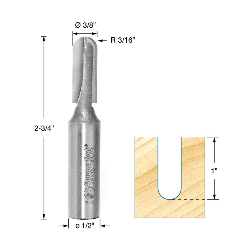 Amana Tool - 45930 Carbide Tipped Core Box 3/16 Radius x 3/8 Dia x 1" 2 Shank EXTR