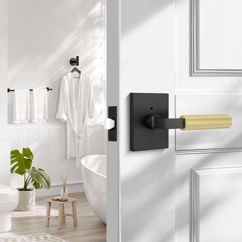 Probrico Brushed Gold Door Handles with Black Lever, Knurled Privacy Door Handle with Push Button Lock for Bedroom or Bathroom, Modern Interior Door Handle, Heavy Duty Keyless Privacy Lever Matte Black&Gold 1