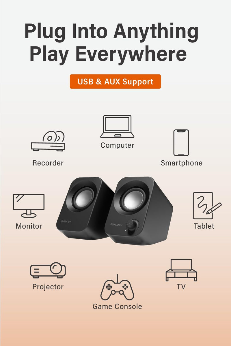 Speaker - 14W Stereo PC Speakers, USB Powered, Compact Size with 30° Tilt Design, Volume Dial Control, for Desktop, Laptop, Monitor, Gaming Consoles, Black