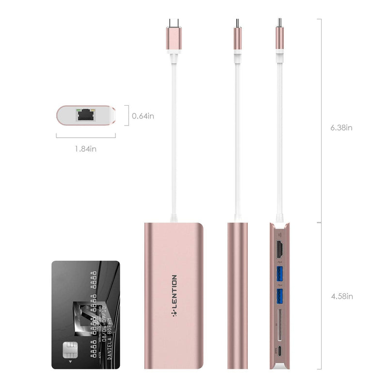 LENTION USB C Hub with 4K HDMI, SD Card Reader, 2 USB 3.0, Type C Charging & Ethernet Compatible 2023-2016 MacBook Pro, New Mac Air/Surface/Steam Deck, More, Stable Driver Adapter (CB-C68, Rose Gold)