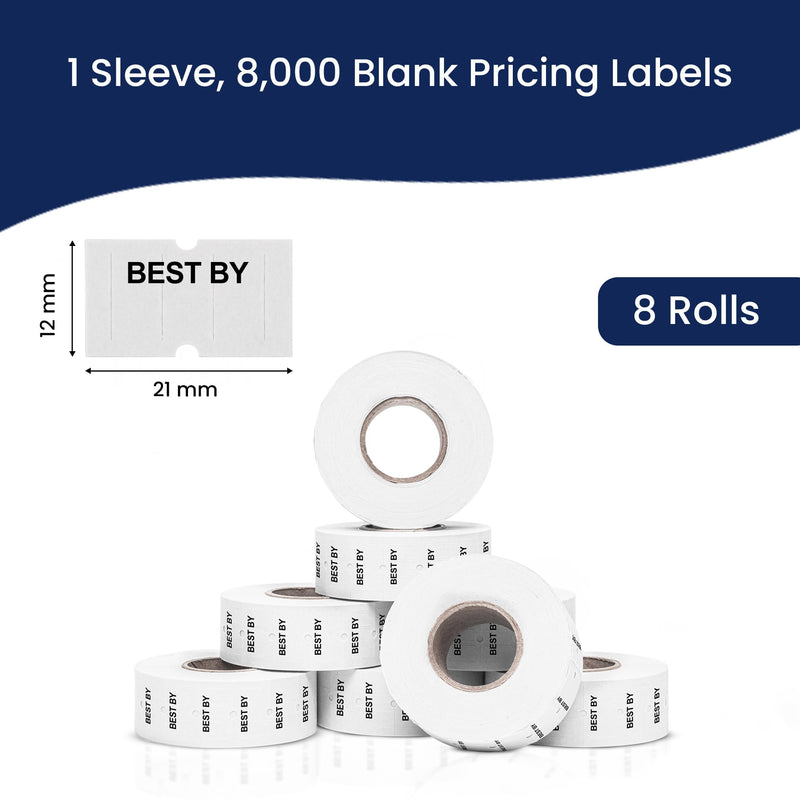 Perco Best BY 1 Line Labels - 8 Rolls, 1 Sleeve, 8,000 Blank Date Gun Labels for Perco 1 Line Date Guns - Made in USA