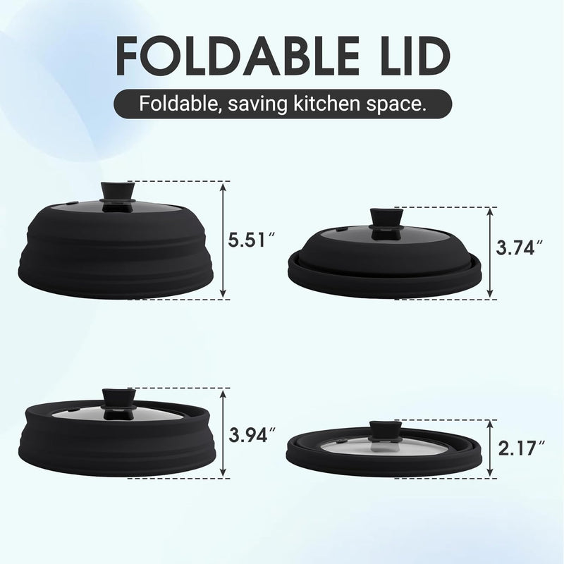 11.8 Inch Silicone & Glass Microwave Splatter Cover, Non-Plastic Collapsible Vented Microwave Food Cover With Heat Resistant Handle, Universal Fit Plates and Bowls, Black
