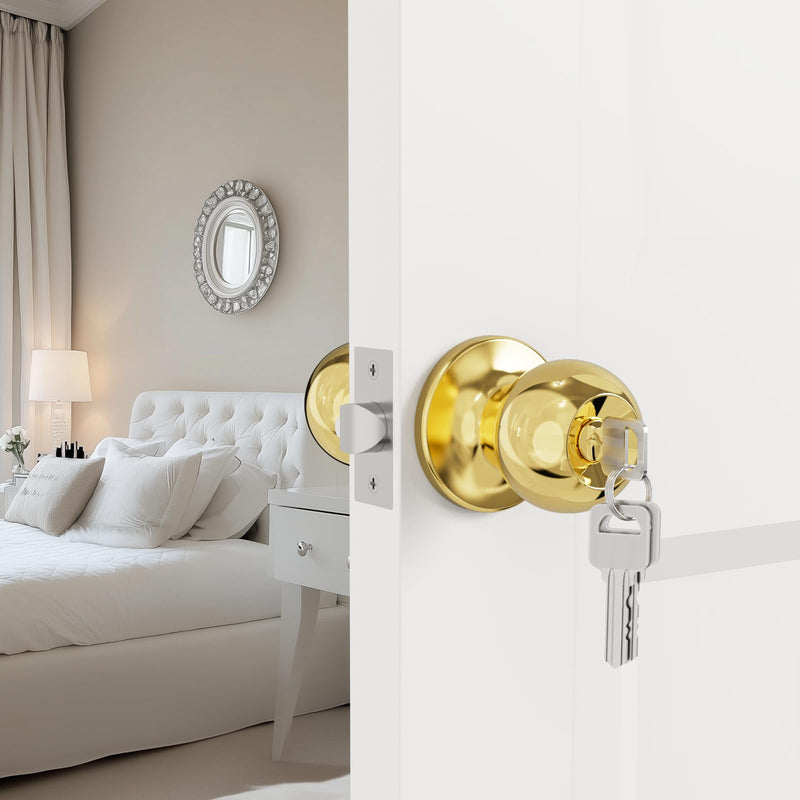 Door Knobs with Lock and Keys, Interior and Exterior Door Lock Standard Ball Door Locks for Bedrooms Bathroom Gold 2