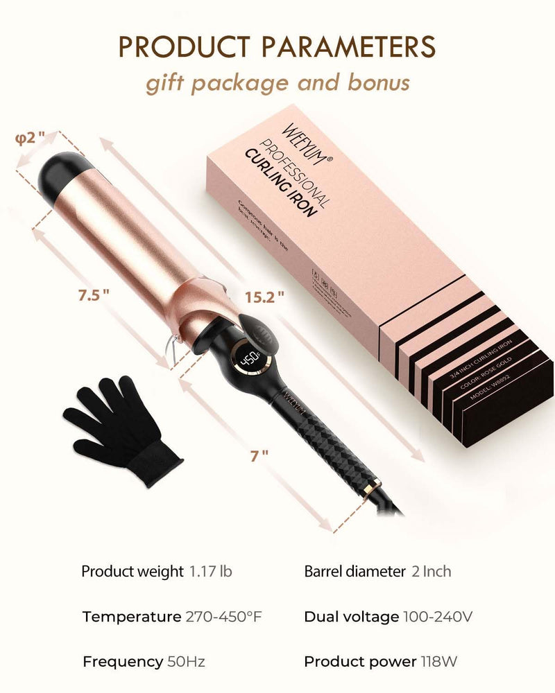 WEEYUM Curling Tongs 2 Inch, Large Barrel Curling Wand for Hair, Ceramic Long Barrel Hair Curling Iron Dual Voltage 50MM