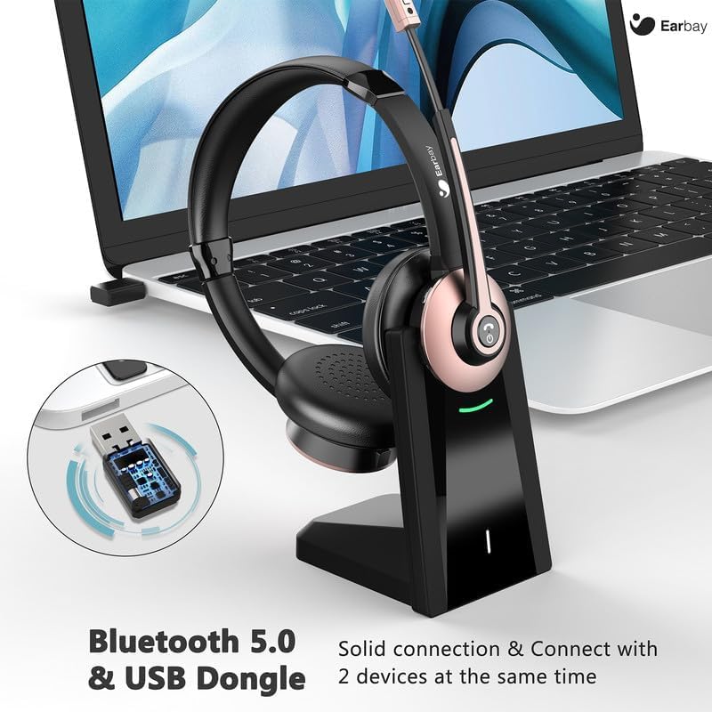 Earbay Wireless Headset, Bluetooth Headphones with Microphone Noise Canceling & Mute, Wireless Headset with Mic USB Dongle/Charge Dock for PC Computer Phone Work Office Meetings Call Teams Black Gold
