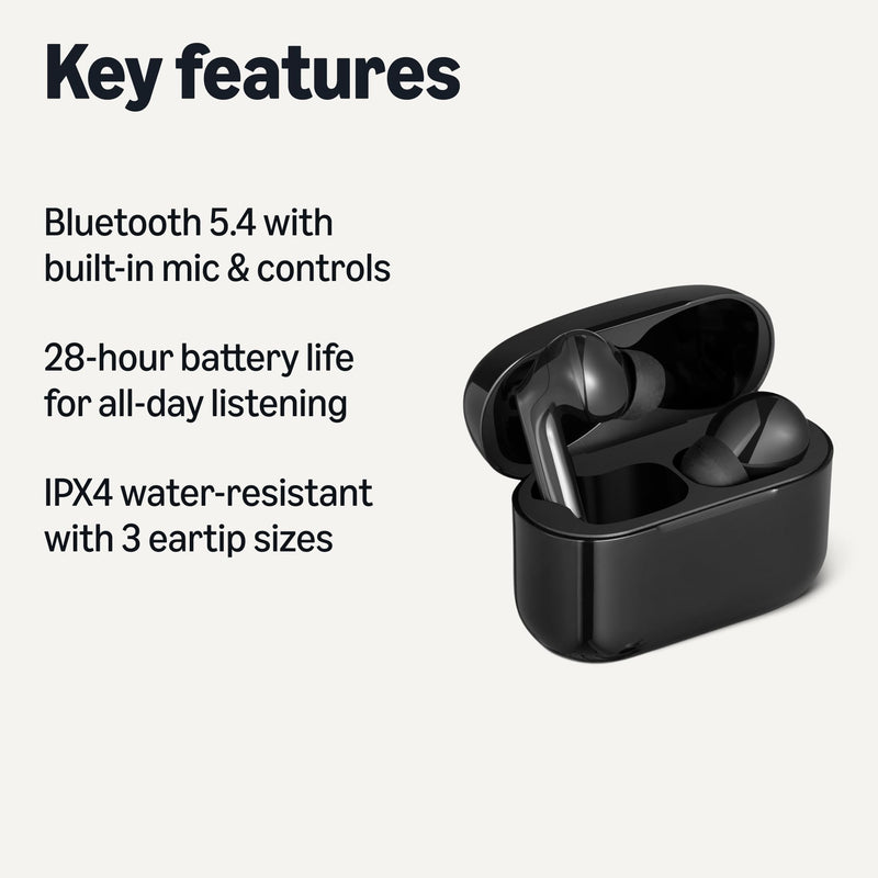 Amazon Basics Bluetooth 5.4 True Wireless Earbuds, IPX4 Waterproof, in-Ear with Mic, 28 Hours Battery Life, Charging Case, Black Small