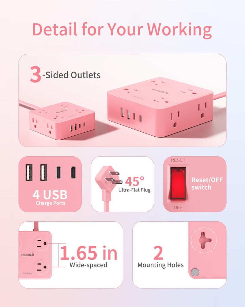 Extension Cord with Multiple Outlets, SMALLRT Power Strips, 6.5FT Flat Plug Power Strip with USB Ports, 8 Outlets, Outlet Extender Outlet for Home Office, Pink 6.5 Ft