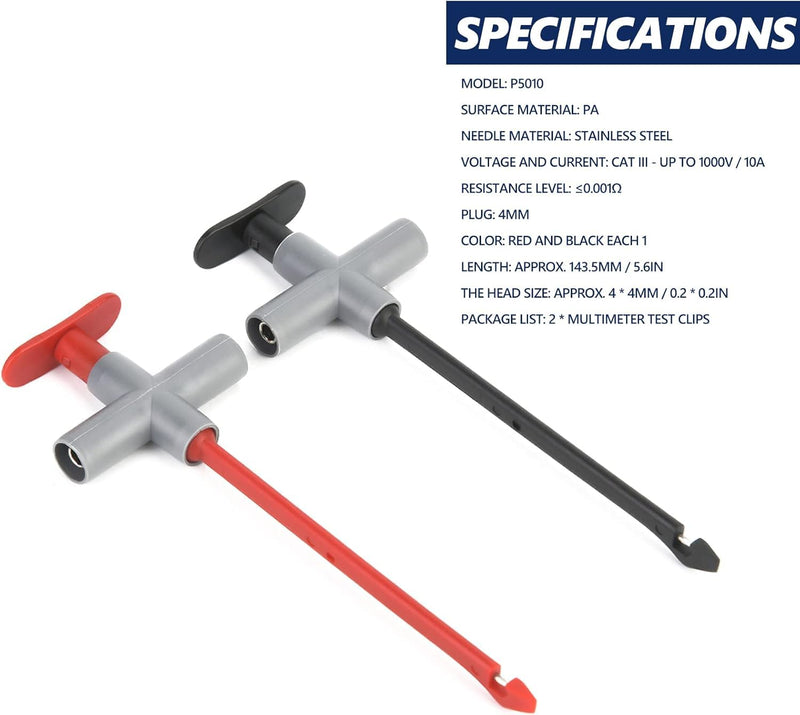 2PCS Puncture Probe P5010 Auto Repairing Multimeter Test Clip Car Testing Tool with 4mm Female Sockets for Car Repairing, Black and Red
