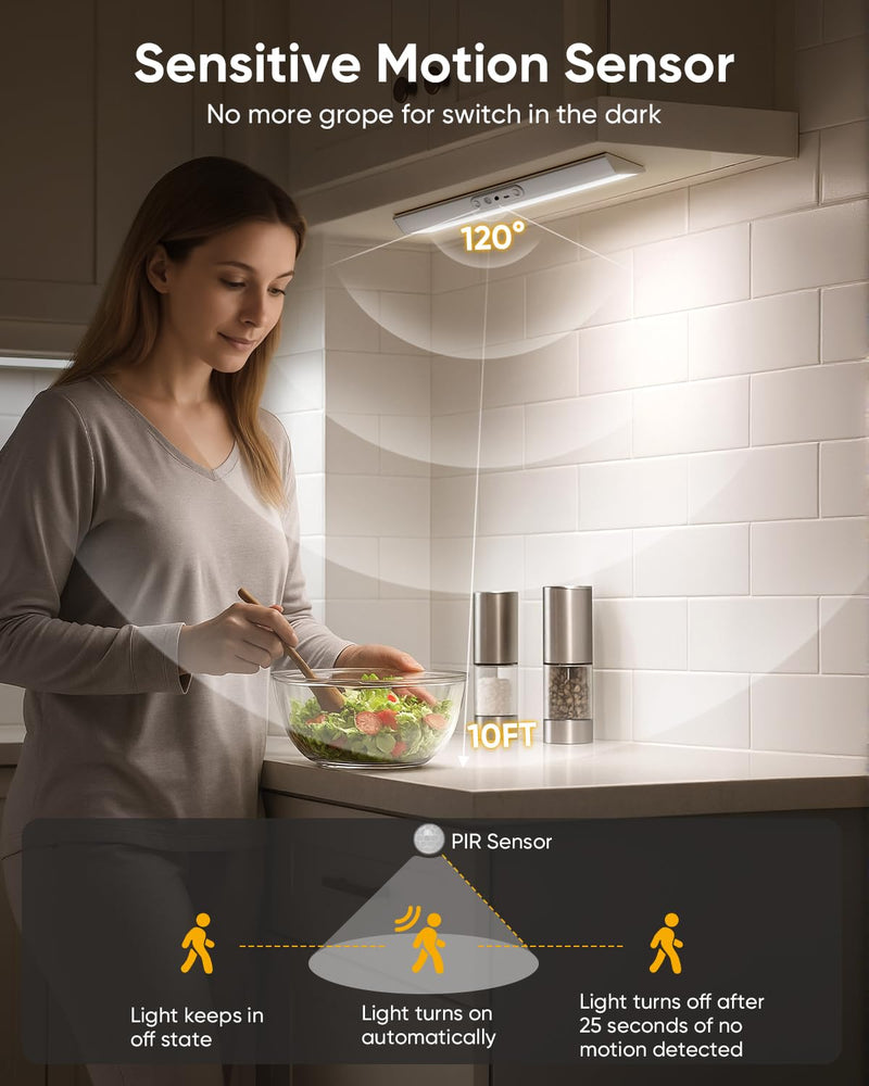 Motion Sensor Closet Lights with Eye Protection Design 400 Lumen Pantry Light Under Cabinet Wireless Lights with Remote Control,3 Color Temp,Rechargeable Night Light for Wardrobe,Cabinet,Kitchen,Shelf Silver 3 Pack