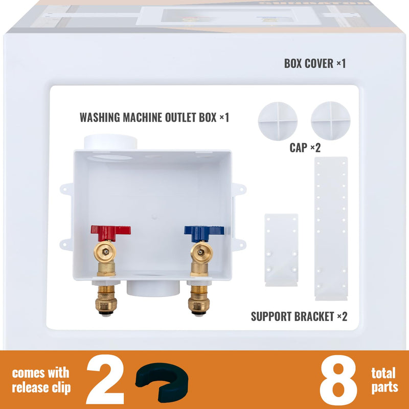 SUNGATOR Push-Fit Laundry Washer Valve Box, Washing Machine Outlet Box with Center Drain, 1/2 Inch Push-Fit Inlet x 3/4 Inch MHT Outlet, with 2 Disconnect Clips