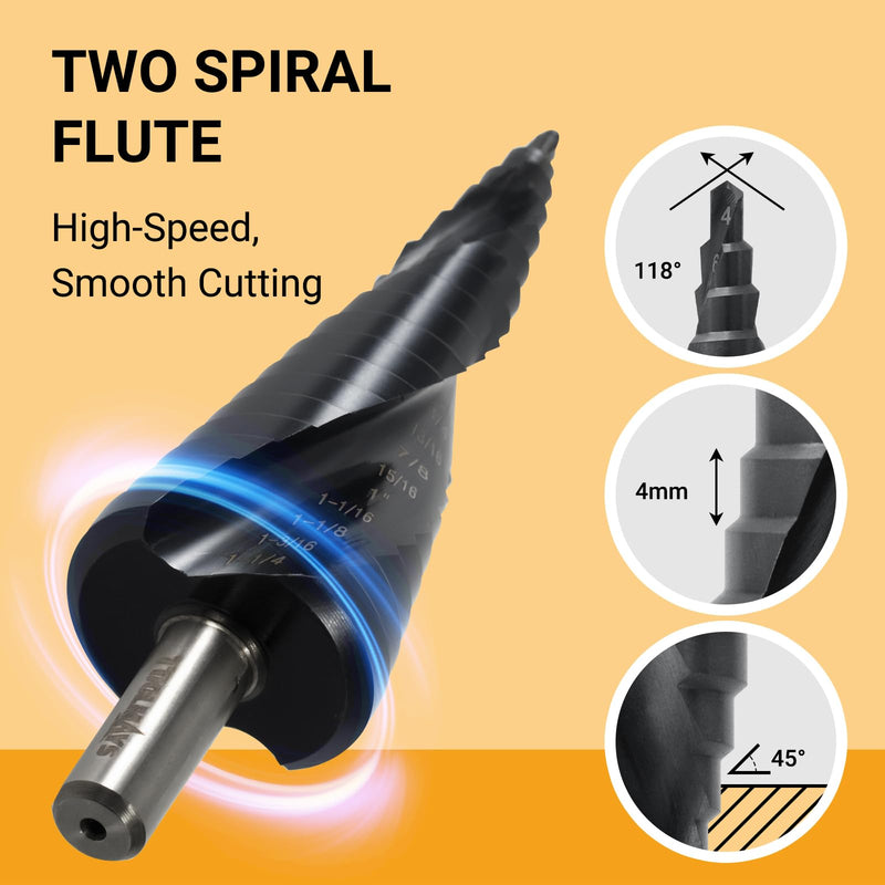 M35 Cobalt HSS Step Drill Bit, Nano TiAlN Coating with Spiral Flute, 18 Steps 3/16"–1-1/4", 3/8" Tri-Flatted Shank for Stainless Steel, Metal, Wood & Plastic Black