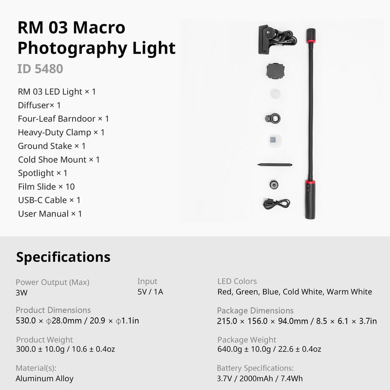 SmallRig RM 03 Macro Photography Bendy LED Light for Close-Up Work, 5-Color | CRI 95 TLCI 92, Adjustable Beam, with Cold Shoe Adapter, Clamp, Diffuser, Spotlight, Barn Door, 10 Gobos, IP54 Rating - 5480