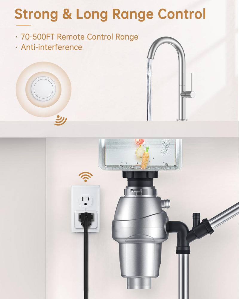 Garbage Disposal Button Kit, 15A/1500W Wireless Remote Control Outlet, No Drilling Garbage Disposal Switch ,4000V Anti-Surge, 500ft RF Range, Remote On Off Switch for Outlet SW-R05&CK1A