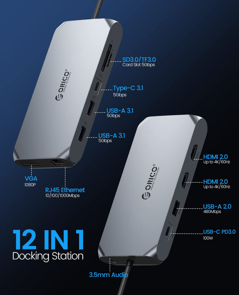 Docking Station USB C to Dual HDMI Adapter, ORICO 12 in 1 USB C Hub with Dual HDMI, VGA, 100W PD, Ethernet, 2 USB-A 3.1, 1 USB 2.0, 1 Type-C 3.1, SD/TF, Audio, Compatible for Windows/Mac OS（Grey） X11 Grey