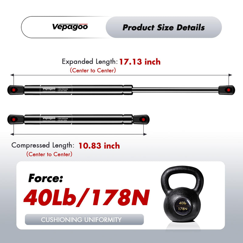 Vepagoo C16-06874 17 inch 40Lb/178N Gas Shocks Struts for Truck Canopy Leer are Camper Shell Truck Topper Rear Window, Pickup Cab Canopy Door, 2pcs (1pair) 40 LB