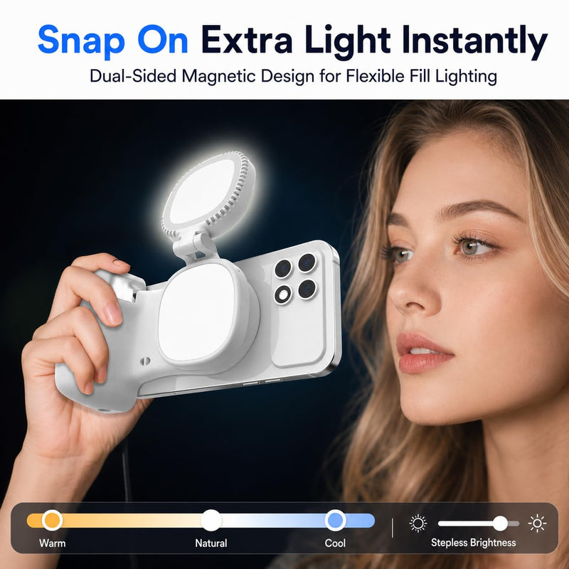 Magnetic Phone Camera Grip Creator Kit with Selfie Light & Wireless Shutter | Creator kit for steadier selfies, videos, TikToks, Zoom calls, and product shots with adjustable light and remote shutter. White