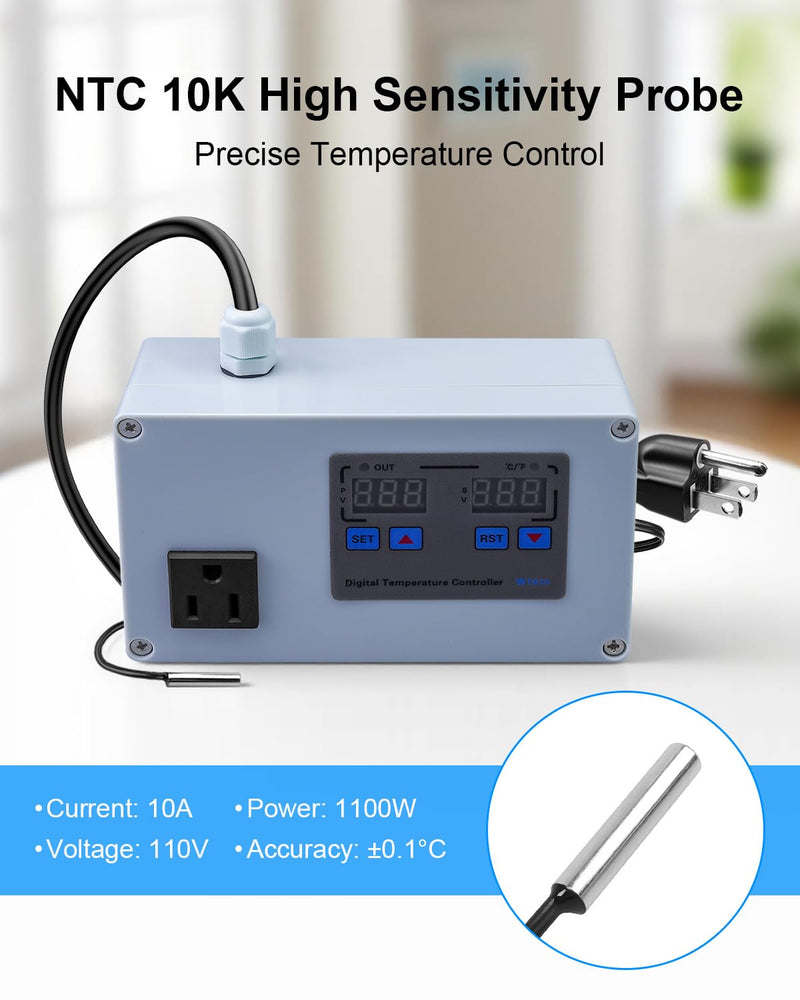 1100W Digital Temperature Controller, 110V 10A Thermostat Switch with Waterproof NTC 10K Sensor Probe, for Refrigerator Freezer Aquarium Heaters or Cooling Devices