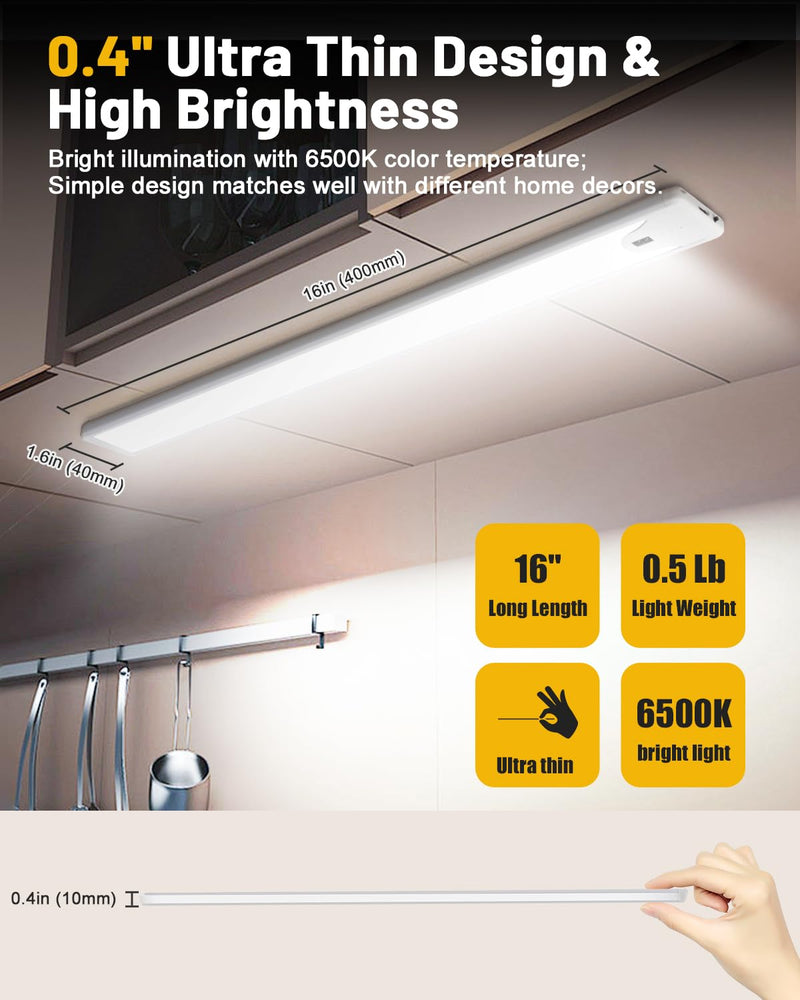 Pak 16 Inch Under Cabinet Lights, Hand Wave Sensor 83 LED Indoor Cabinet Lighting, USB Rechargeable Wireless Closet Light, Stepless Dimming Under Counter Light for Kitchen, Shelves, Bedroom, 2 Pack Cool White-Hand Swipe(2 Pack)
