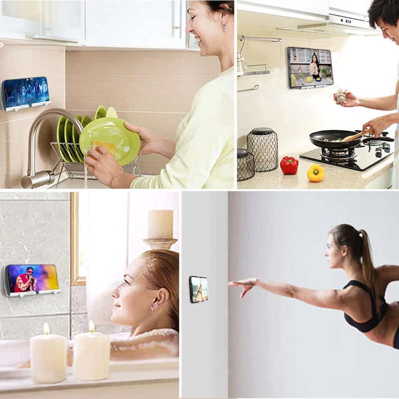 D2 Wall Mount Phone Holder, Hands Free Phone Holder with Adhesive and Data Cable Receiving Hole for Shower, Charging, RV, Compatible with iPhone, Smartphone Cables, Keys and More (White)