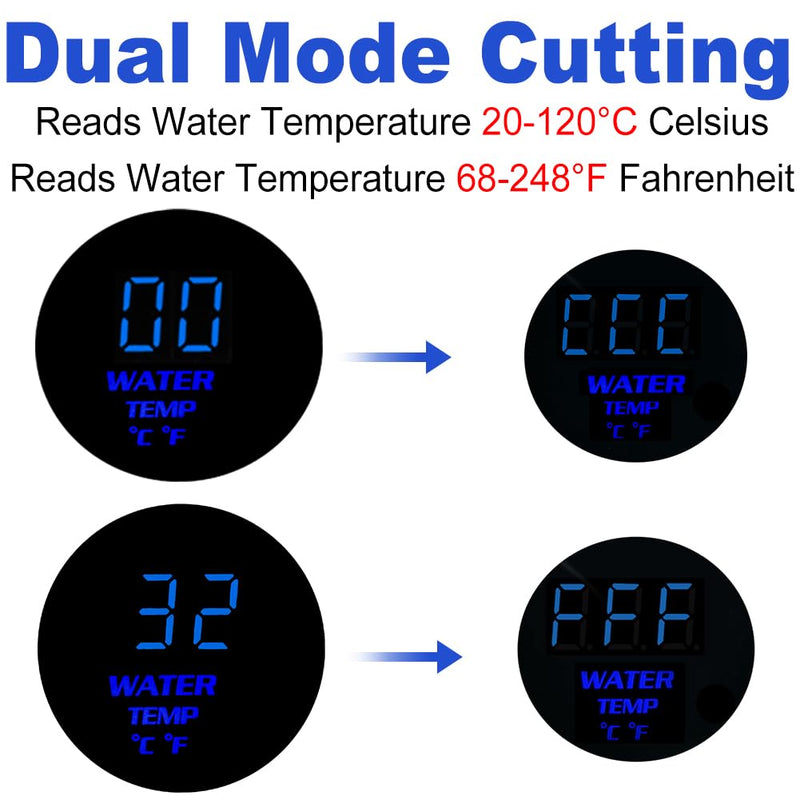 WATERWICH 2" 52mm Water Temperature Gauge Kit Fahrenheit & Celsius Blue for Car Truck Marine Vehicle Automotive