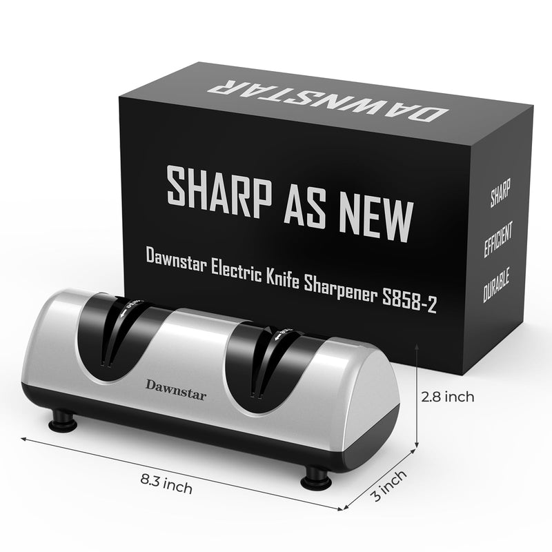 Electric Knife Sharpener, Professional Kitchen Knife Sharpener for Home Use, 2 Stages of Coarse Sharpening & Fine Polishing, Metal Dust Collection Box for Easy Cleaning, Silver Gray