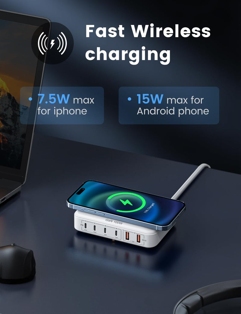 100W USB Charging Station with 15W Wireless Charger, Marnana 6-in-1 Multiple USB Ports(2 USB A and 4 USB C Ports) GaN Desktop Charger for iPhone iPad MacBook Laptop Samsung and Android Devices 100W-With Wireless Charger White