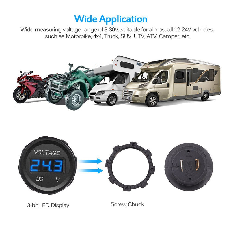 MICTUNING MIC-VM-Blue Voltmeter (DC 12V LED Digital Display Waterproof for Boat Marine Vehicle Motorcycle Truck ATV UTV Car Camper Caravan Blue Digital Round Panel)