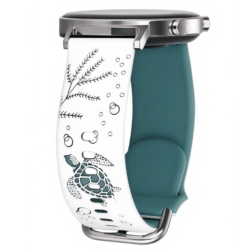 Sea Turtle Engraved Bands for Samsung Galaxy Watch 9/8/7/6/5/4 (40mm/44mm) | Soft Cute Silicone Sport Band for Galaxy Watch 3(41mm)/5 Pro(45mm) Active 2(40/44mm) Garmin Vívoactive 6/5/3 Amazift Active 2 White/Pine Needle Green