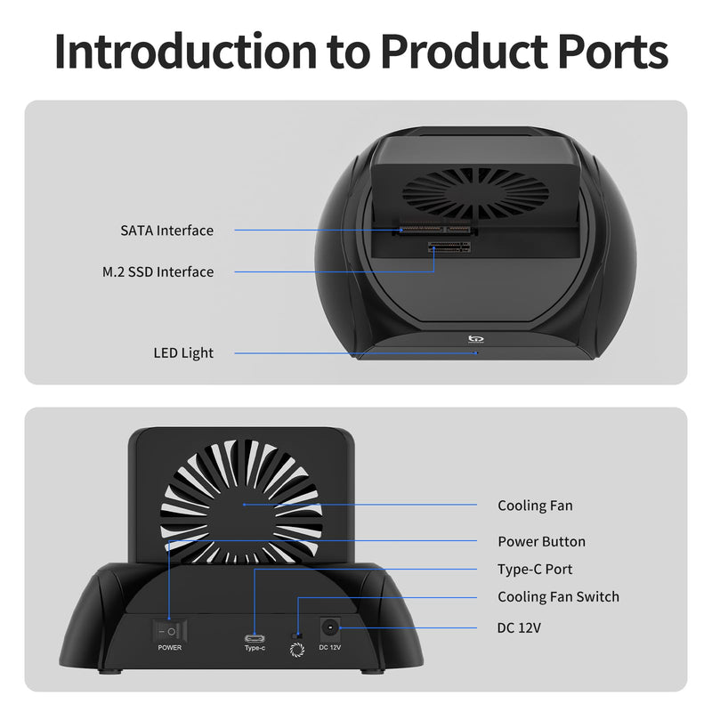 Hard Drive Docking Station, Pcie NVMe Adapter with Cooling Fan Superior Cooling Efficiency, External Hard Drive Reader Compatible with M.2 NVMe/SATA SSD & 2.5" and 3.5" SATA HDD SSD
