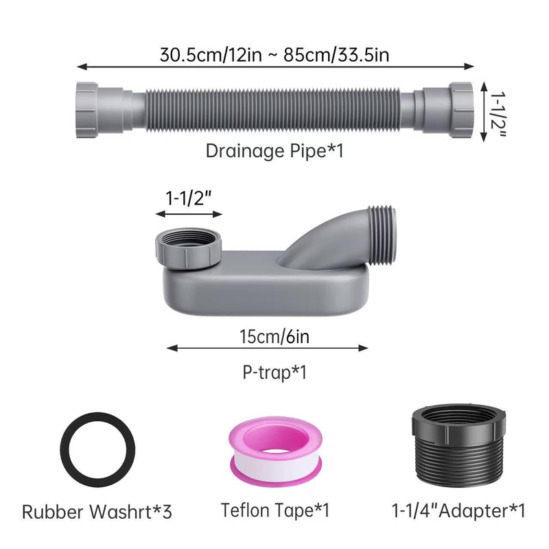 Low Profile Flexible Bathtub Shower Drain Pipe Kit - Flat P Trap for Freestanding Tub, 1 1/2 or 1 1/4 Inch(Gray) Gray