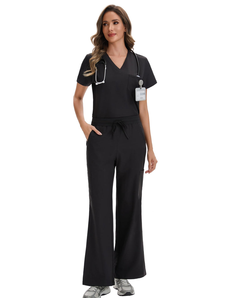 VECARDI Scrub Pants for Women High Rise Four Way Stretch Flare Yoga Cargo Pants with 6 Pockets Large Black