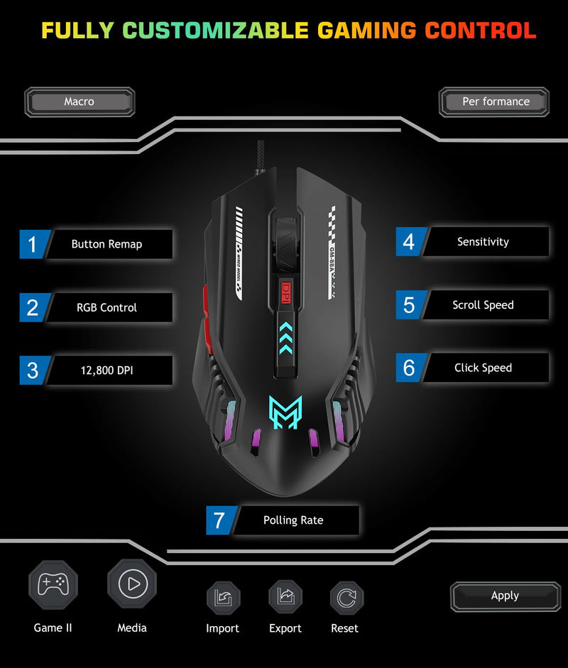 Customizable Wired Gaming Mouse with 6 Levels DPI and 6 Programmable Button | Low-Noise Clicks and RGB Lighting for Gaming, Office Work and Daily Use Black