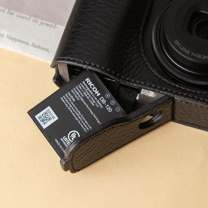 GRIV Vintage Genuine Leather Camera Case with Shoulder Strap for Ricoh GR IV/GR IV X/GR IV HDF/GR4 Handmade Half-Wrap Cover (Black)