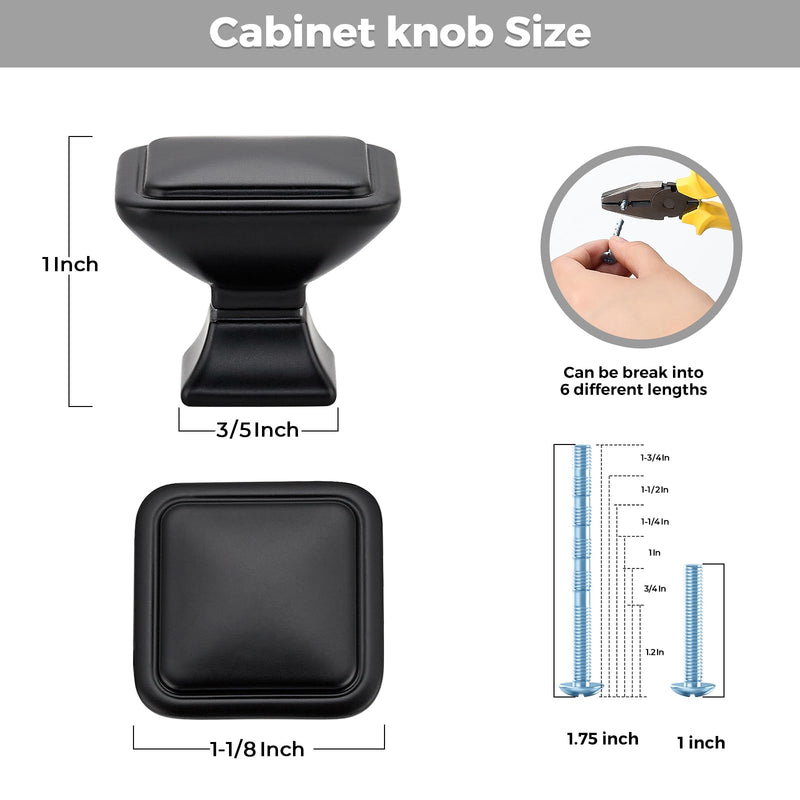 10 Pack Black Cabinet Knobs - 1.2" Square Drawer Knobs for Kitchen, Dresser, Cabinets - Matte Black Solid Hardware 10