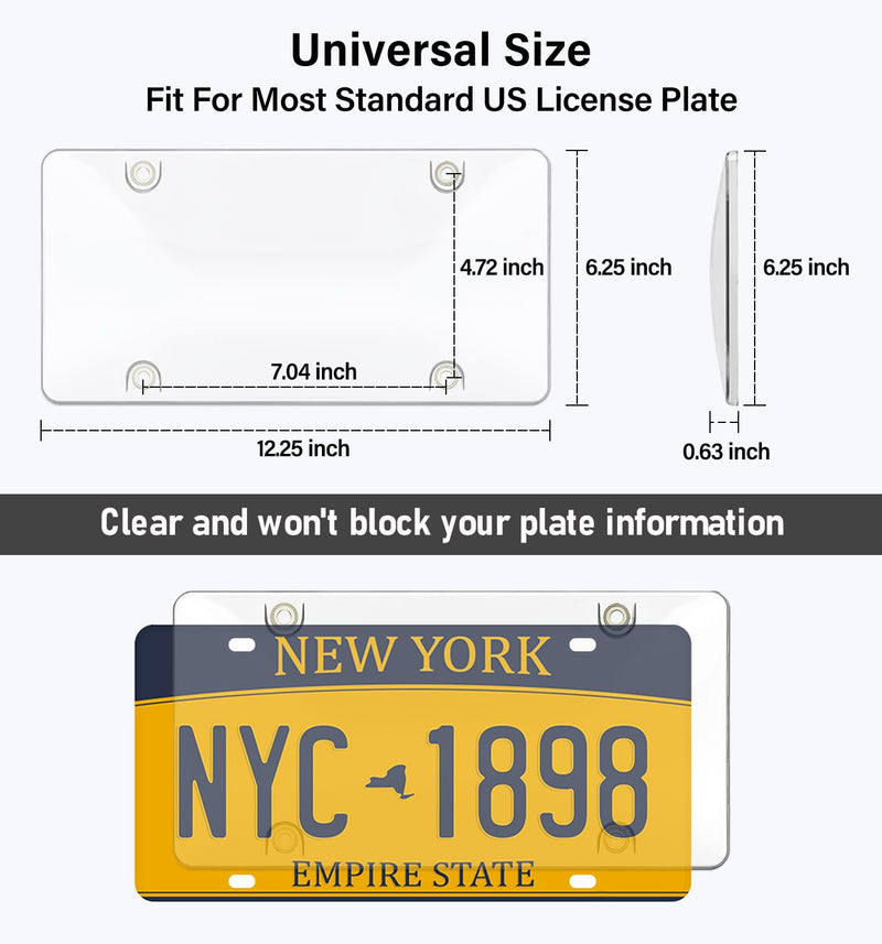 2 Pack Clear License Plate Covers, License Plate Protector Unbreakable Plastic Shields Tag Holder Fits Standard US Plate with Screws Caps
