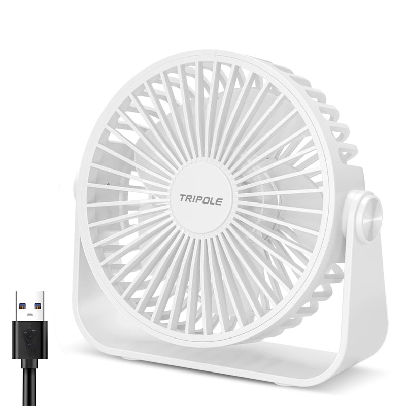 TriPole USB Desk Fan 4.5 Inches Portable Mini Fan Powerful 3 Speeds Wind Personal Desktop Fan with 360° Head Rotation for Home Office Car Indoor Outdoor White